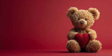 Fluffy Brown Teddy Bear Holding a Red Heart Against Vibrant Background - Valentine's day - love
