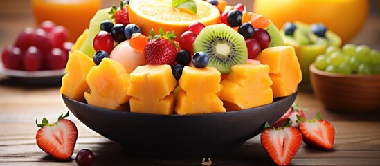 Orange filled with fruit salad on table.