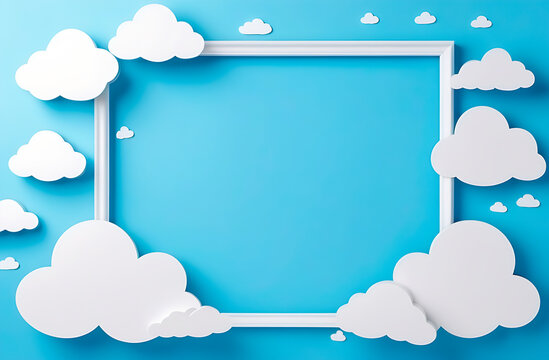 Cute blue background with empty frame and white clouds, baby boy backdrop with copy space