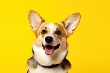 Naklejka na ściany i meble Happy welsh corgi dog on yellow background