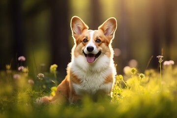 Happy welsh corgi dog on green grass