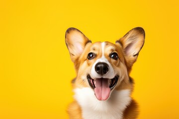 Happy welsh corgi dog on yellow background