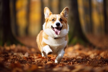Happy welsh corgi dog running in the park