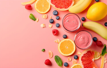 bottles with smoothie and slices of fruit lie chaotically on color pastel background, space for text, top view, flat lay