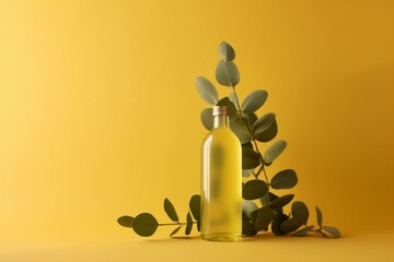 Mockup of a bottle with eucalyptus leaves on a yellow backdrop. Generative AI