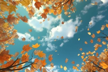 A fall-themed wallpaper with leaves gently swaying in the breeze under a beautiful sky. Perfect for the holiday season. Generative AI