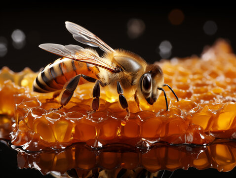 transportando el polen, productoras de miel, jalea real, prop&oacute;leos, en la imagen vemos una abeja sobre un trozo de celdas de cera llenas de miel