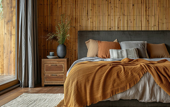 Quarto, Mesa de cabeceira de bambu perto da cama com manta marrom. Design de interiores moderno de uma fazenda com parede forrada e teto com vigas, oriental