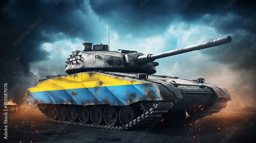 Wall mural Tank with the flag of Ukraine. tank in the colors of Ukraine.Generative AI