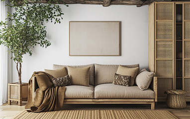 Armário de bambu próximo ao sofá com manta marrom. Design de interiores moderno da sala de estar da fazenda com parede forrada e teto com vigas, objetos orientais,