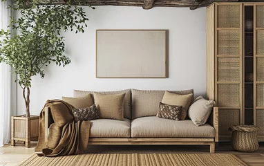 Fotobehang Armário de bambu próximo ao sofá com manta marrom. Design de interiores moderno da sala de estar da fazenda com parede forrada e teto com vigas, objetos orientais, © Alexandre