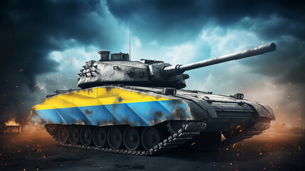 Tank with the flag of Ukraine. tank in the colors of Ukraine.Generative AI