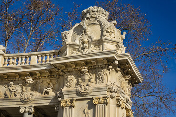 Architectural fragments of Monument to King Alfonso XII in Buen Retiro Park (Parque del Buen Retiro). Buen Retiro Park - one of largest parks of Madrid City. Spain.