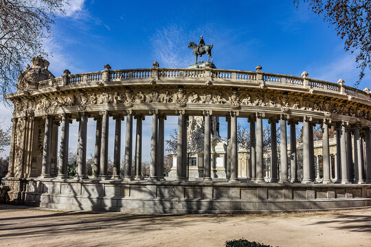 Architectural fragments of Monument to King Alfonso XII in Buen Retiro Park (Parque del Buen Retiro). Buen Retiro Park - one of largest parks of Madrid City. Spain.