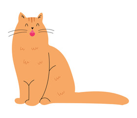 Cute fluffy ginger cat meowing, asking for attention or food. Hand drawn vector illustration in flat design, isolated on white