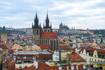 Naklejka na ściany i meble Prague city skyline photo. Cloudy day.