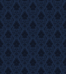 Seamless damask wallpaper texture, Seamless damask floral pattern on blue background, Navy blue damask floral ornament on blue background, Allover prints