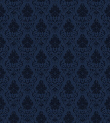 Seamless damask wallpaper texture, Seamless damask floral pattern on blue background, Navy blue damask floral ornament on blue background, Allover prints