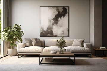 Interior design of a modern living room with a light sofa, painting mockup on the wall, coffee table and large houseplant