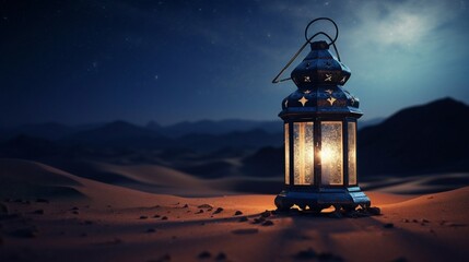 lantern placed in the desert at night for the Muslim feast of the holy month of Ramadan Kareem.