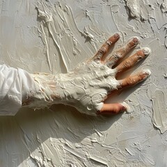 Hands of a woman in white paint on a white background.