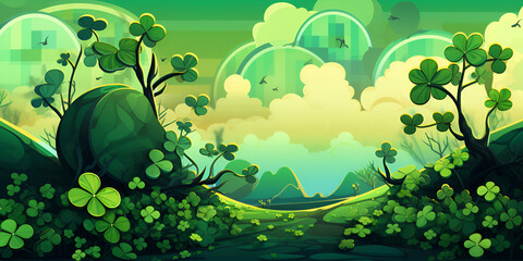 Abstract green Saint Patrick Day background with lucky shamrock leaves 