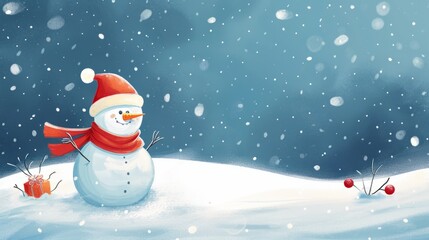 Fototapeta premium Painting of a Snowman With Red Hat and Scarf