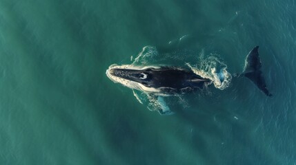 Drone flies over Southern Right Whale that that comes up and blows, then dives again with tail out of water   