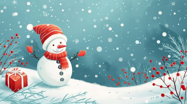 Detailed Image of Snowman With Red Hat and Scarf in a Wintery Scene
