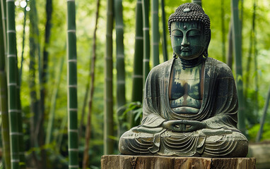 
Buda em floresta de bambu, paz interior 