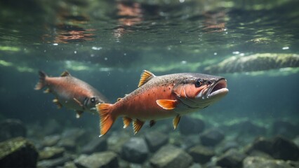 Salmon fish in river  - obrazy, fototapety, plakaty