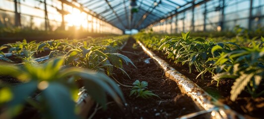 Spacious modern greenhouse with rows of emerging hemp seedlings. High-tech facility with advanced hydroponic systems. Legalized cannabis cultivation for medical purpose. - obrazy, fototapety, plakaty