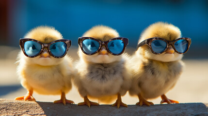 Cute spring baby chick wearing cool sunglasses.Generative AI - obrazy, fototapety, plakaty