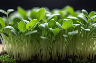 Microgreens of radish, arugula, sunflower, daikon. Close up of microgreen sprouts on black background. Healthy food concept. Generative AI