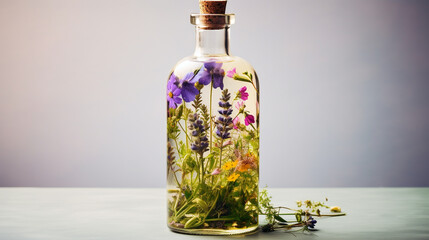 Herb oil bottles homeopathy herbs.Generative AI - obrazy, fototapety, plakaty