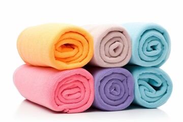 Obraz na płótnie Canvas Colorful soft bath towels rolled up on white background