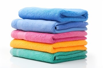 Colorful folded bath towels on white background