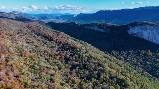 Panoramic view from the Sanctuary of San Miguel de Excelsis in the Sierra de Aralar. Aerial view from a drone. Municipality of Uarte Arakil. Navarre. Spain. Europe