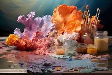Glazed watercolor paint palettes positioned artistically on a coral canvas, providing a visually pleasing palette for artistic expression