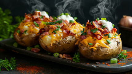 Baked potatoes stuffed with bacon, cheese and green spring onions, surrounded by sour cream and parsley - obrazy, fototapety, plakaty
