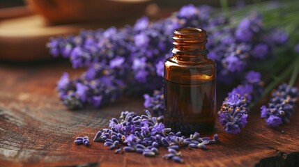 Bottle of Lavender Oil on Wooden Table