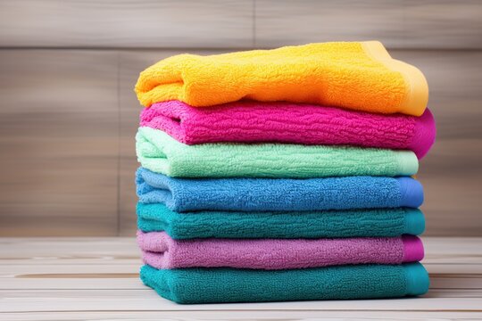 Colorful folded bath towels on wooden background
