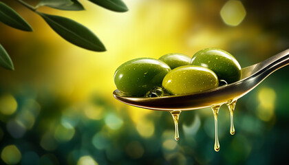 Branch of olive fruit and olives with drops of oil in spoon on blurred green background
