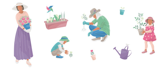 woman with flowers pot, man in a protective hat, kids boy and girl take measures against the solar radiation and UV ultraviolet during gardening	