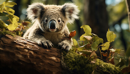 Cute koala sitting on branch, looking at camera generated by AI