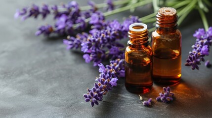 Obraz na płótnie Canvas Two Bottles of Lavender Oil Next to a Bunch of Lavender Flowers