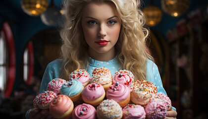 Obraz na płótnie Canvas Blond woman holding a cupcake, looking cheerful generated by AI