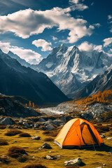 A tourist camp in the mountains, a tent in the foreground.Generative AI