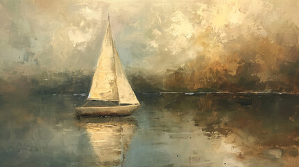 Digital painting of a sailboat sailing on the river at sunset. - obrazy, fototapety, plakaty
