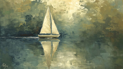Sailing boat on the water. Digital painting. Illustration.